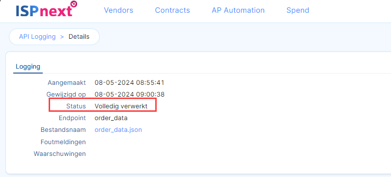 API Logging - Details in ISPnext, met de status Volledig verwerkt