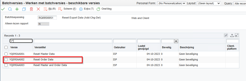 JDE batch versions for RQ09SI0051, showing version YQ09SAA002 Reset Order Data
